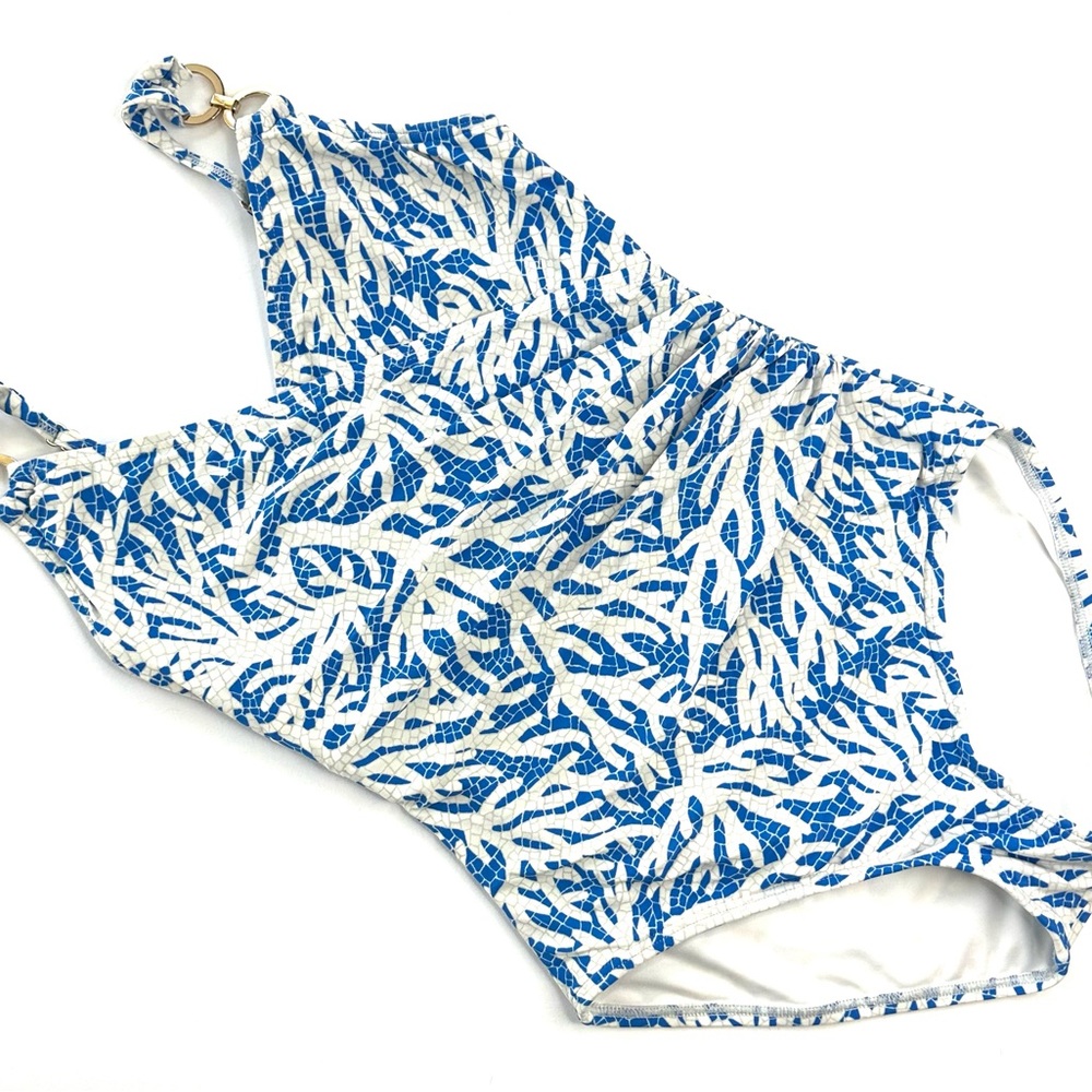 Michael Kors One Piece Swim with blue and white print, gold hardware - Size 10